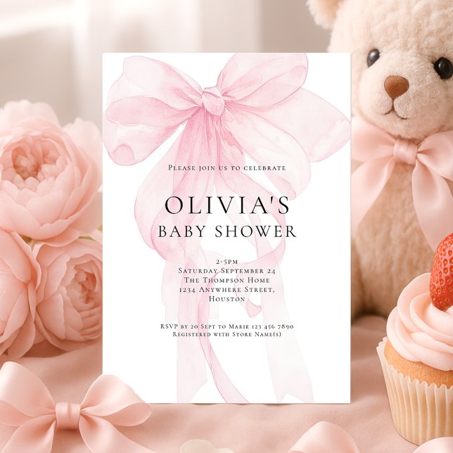 Mjuk Rosa Båge Textöverlägg Baby Shower Inbjudningar (Skapare uppladdad)