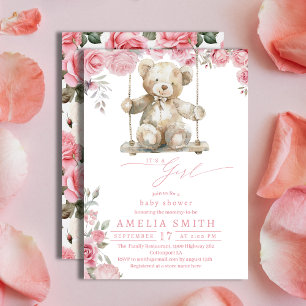 Mjuk Rosa Blommig Akvarell Teddy Flicka Bebis Show Inbjudningar