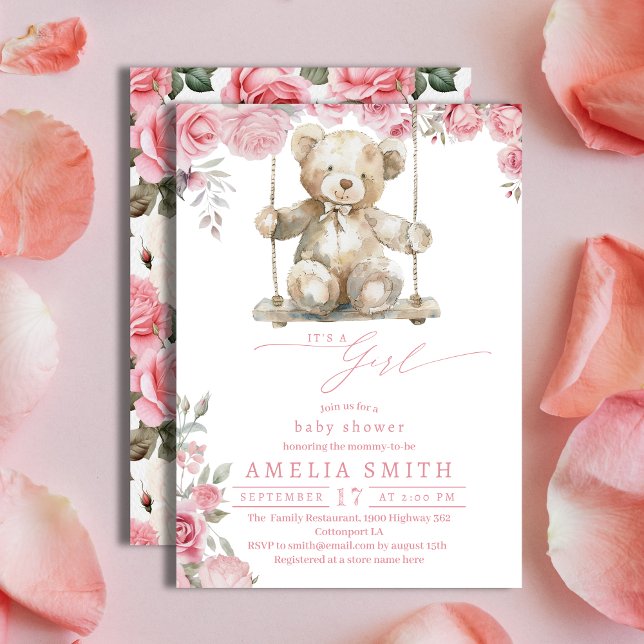 Mjuk Rosa Blommig Akvarell Teddy Flicka Bebis Show Inbjudningar (Skapare uppladdad)