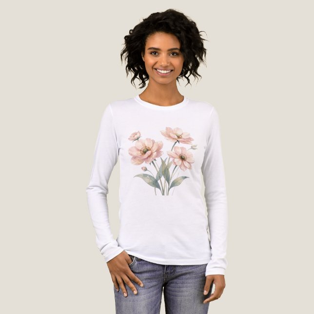 Mjuk Rosa Blommig Akvarellbukett Konst T Shirt (Hel framsida)