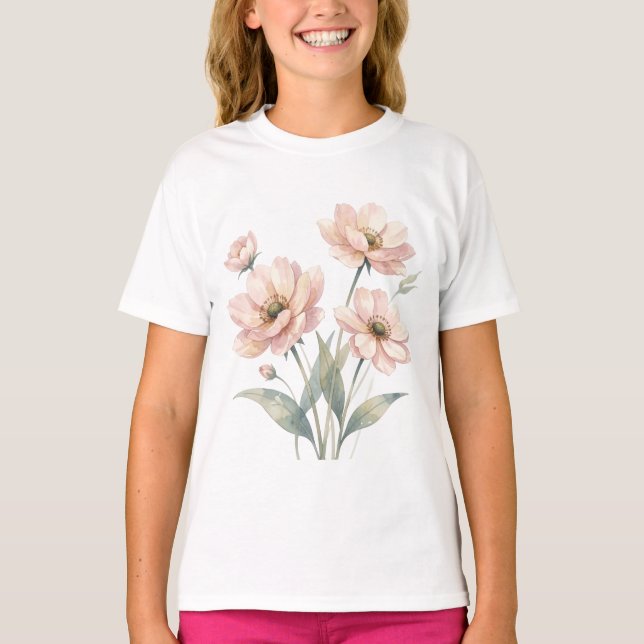Mjuk Rosa Blommig Akvarellbukett Konst T Shirt (Framsida)
