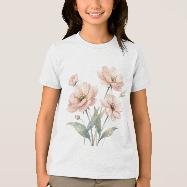 Mjuk Rosa Blommig Akvarellbukett Konst T Shirt (Framsida)