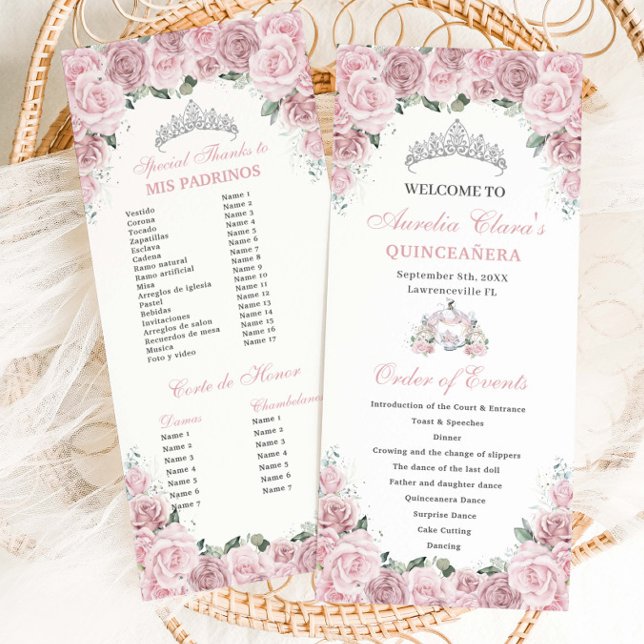 Mjuk Rosa Blommig Drottningvagn Quinceañera Bestäl Program (Skapare uppladdad)