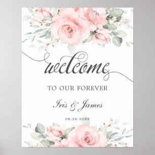 Mjuk Rosa Blommig Grönska Bröllops Välkomstskylt Poster