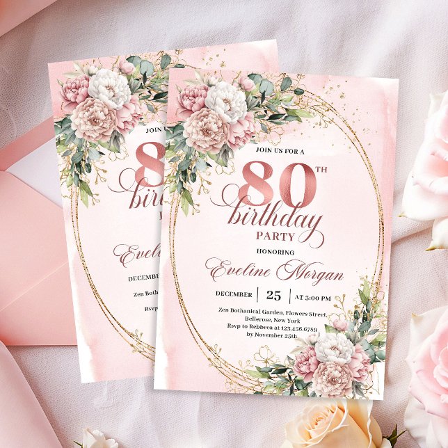 Mjuk Rosa Blommig Grönska Guld Glitter 80-årsdag Inbjudningar (Soft Pink Floral Greenery Gold Glitter 80th Invitation)