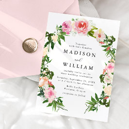 Mjuk Rosa Blommig Krans Bröllop Inbjudningar