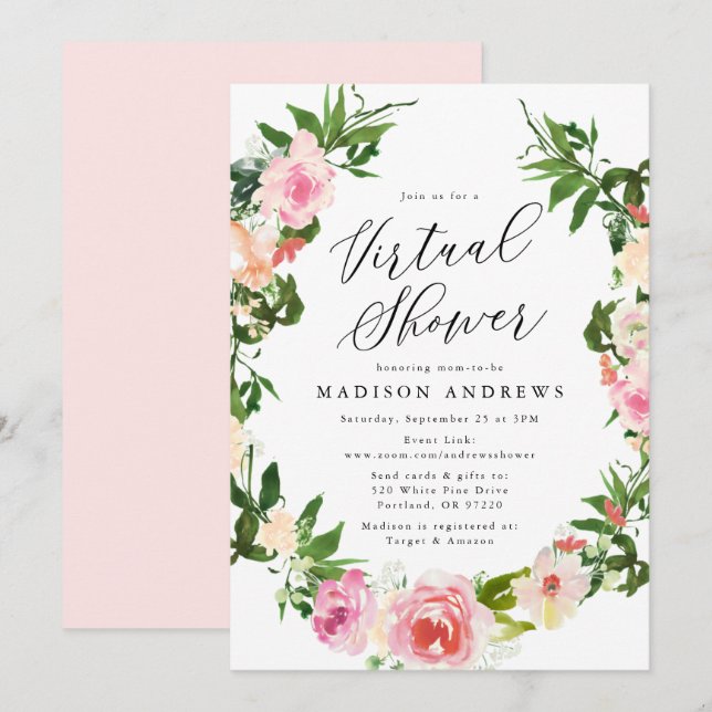 Mjuk Rosa Blommig Krans Virtuell Baby Shower Inbjudningar (Fram/baksida)