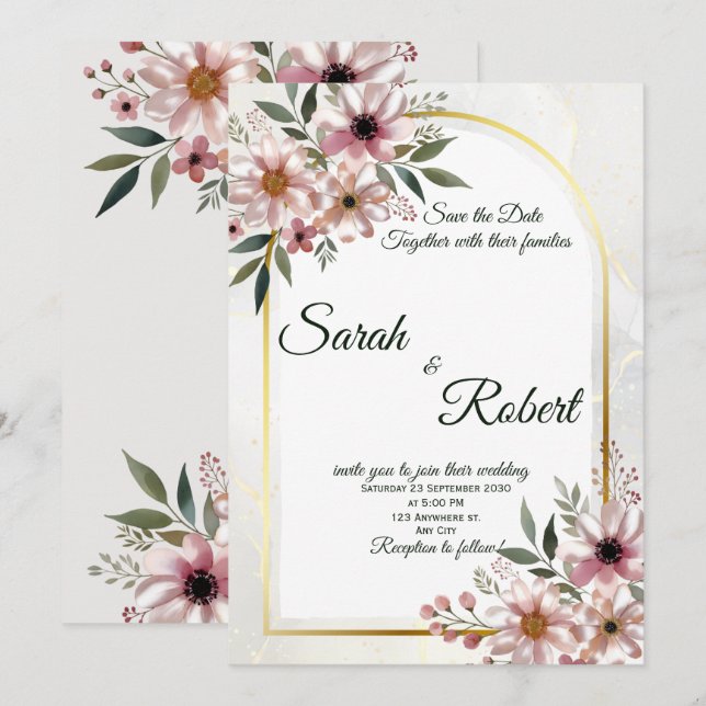 Mjuk Rosa Blommig Valvbröllop Spara Datum Inbjudningar (Fram/baksida)