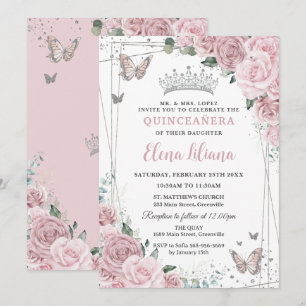 Mjuk Rosa Blommiga Fjärilar Quinceanera 15 Inbjudningar
