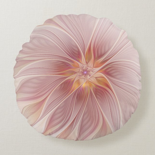 Mjuk Rosa Blommigt Dream Abstrakt Fractal Art Flow Rund Kudde (Framsidan)