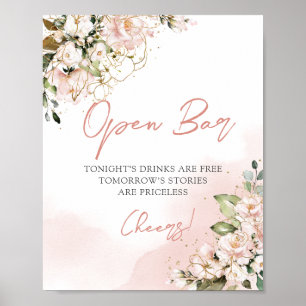 Mjuk rosa blommigt guld löv boho open pub tecken poster