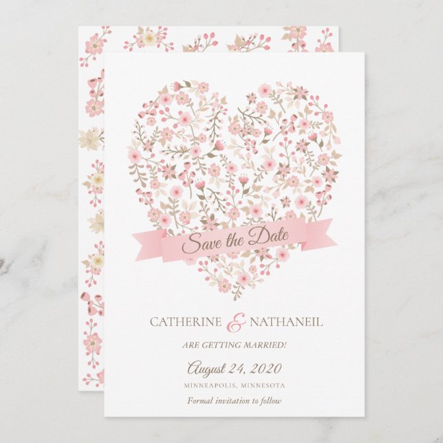 Mjuk Rosa Blommigt Hjärta Spara datum Inbjudningar (Fram/baksida)