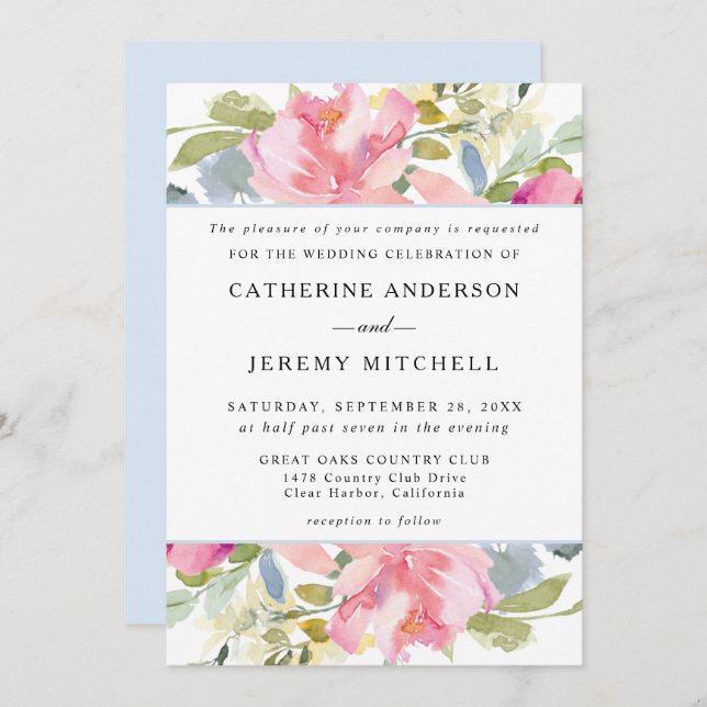 Mjuk Rosa Blommigt Vattenfärg Bröllop Inbjudningar (Fram/baksida)