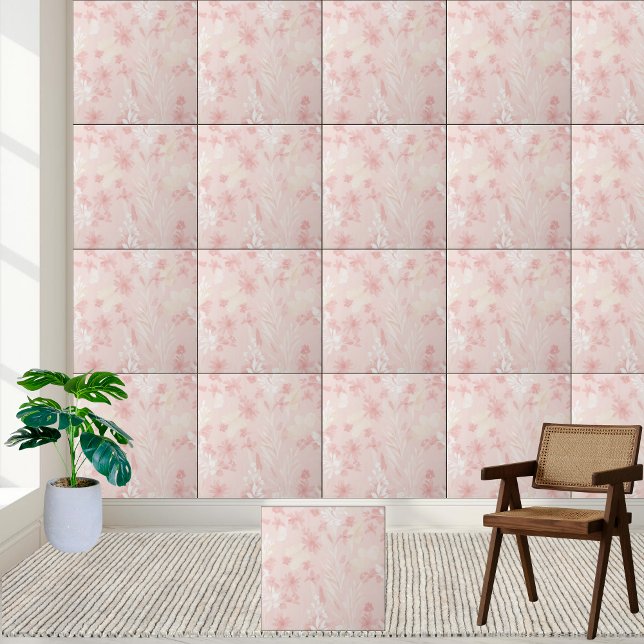 Mjuk Rosa Blommigt Vattenfärg Mönster Kakelplatta (Soft Pink Floral Watercolor Pattern Ceramic Tile)