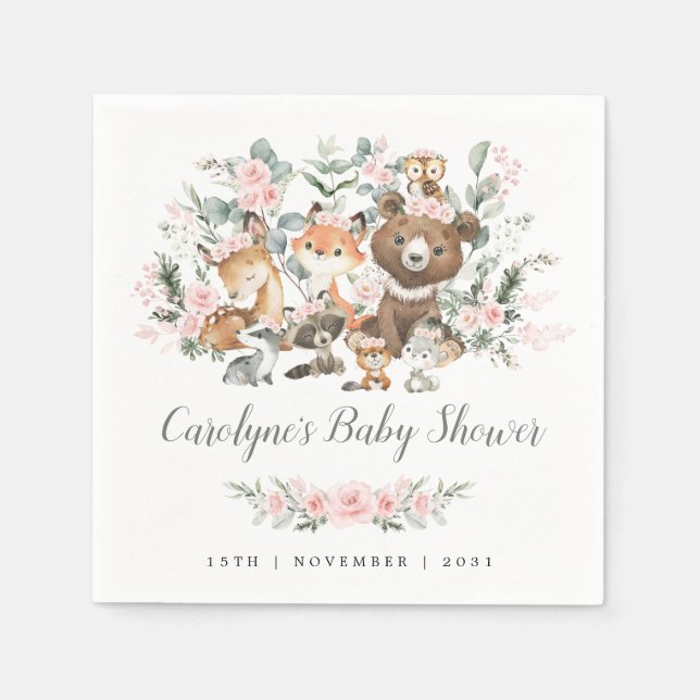 Mjuk Rosa Blommigt Woodland Animals Girl Baby Show Pappersservett (Framsidan)