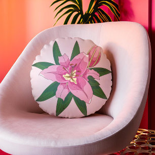 Mjuk Rosa Blooming Lily Round Pillow Rund Kudde