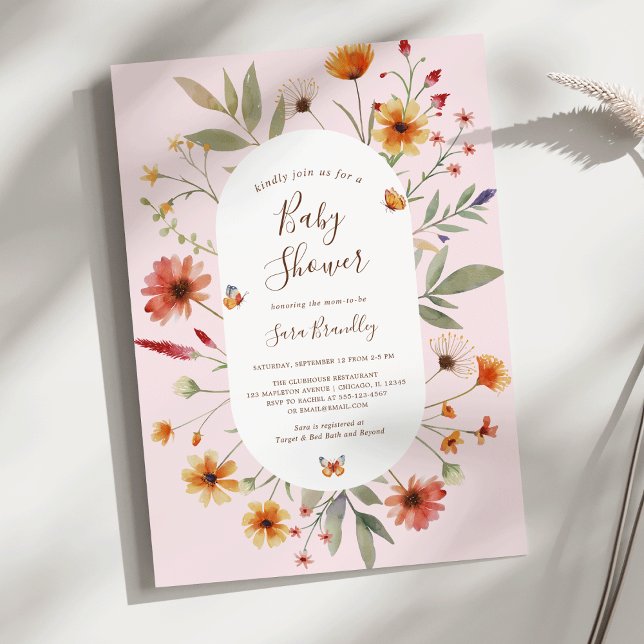 Mjuk Rosa Boho Watercolor WildblommBaby Shower Inbjudningar (Soft Pink Boho Watercolor Wildflowers Butterfly Baby Shower Invitation)