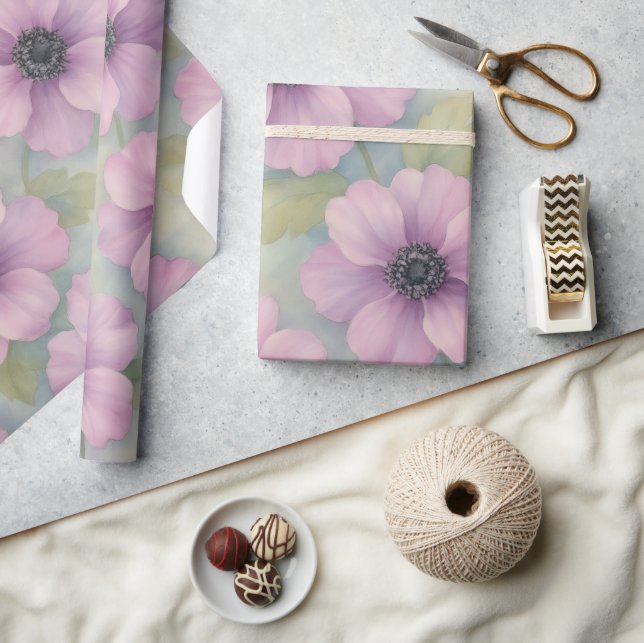 Mjuk Rosa Botaniskt Blommigt Inpackningspapper Presentpapper (Hantverk)