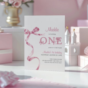 Mjuk Rosa Bow First Birthday Girl Inbjudningar