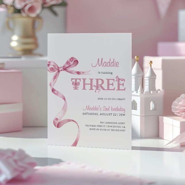 Mjuk Rosa Bow Tredje födelsedag Inbjudningar (Skapare uppladdad)