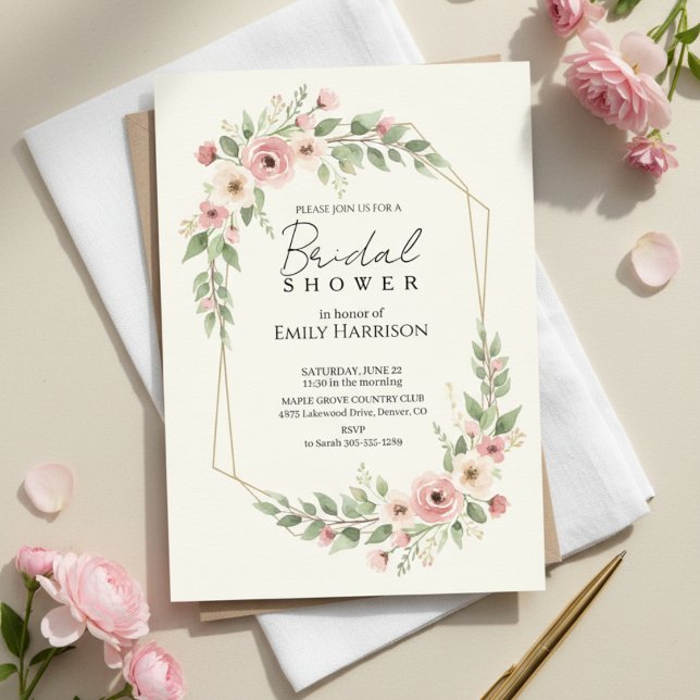 Mjuk Rosa Bröllopsdusch Geometrisk Guldkrans Inbjudningar (rose geometric gold invitation)