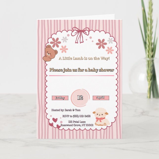 Mjuk Rosa Coquette Lamm & Björn Bebis Shower Inbju Kort (Framsida)