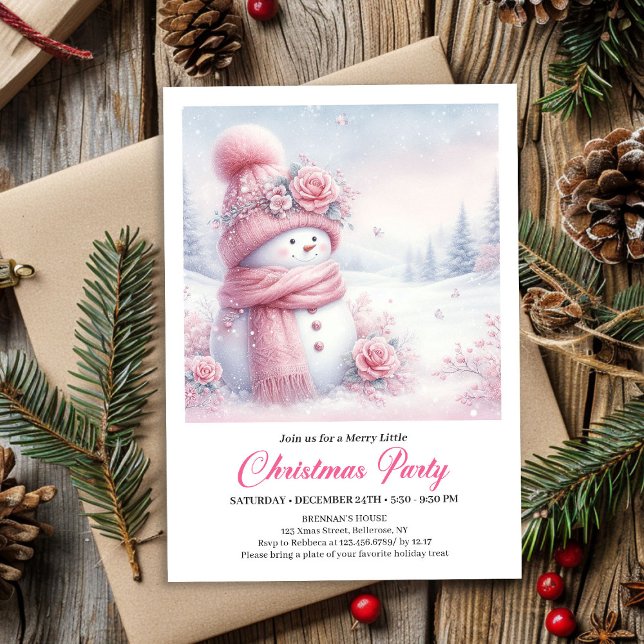 Mjuk Rosa Coquette Snöman Redigerbar Jul Barn Inbjudningar (Soft Pink Coquette Snowman Editable Christmas Kids Invite)