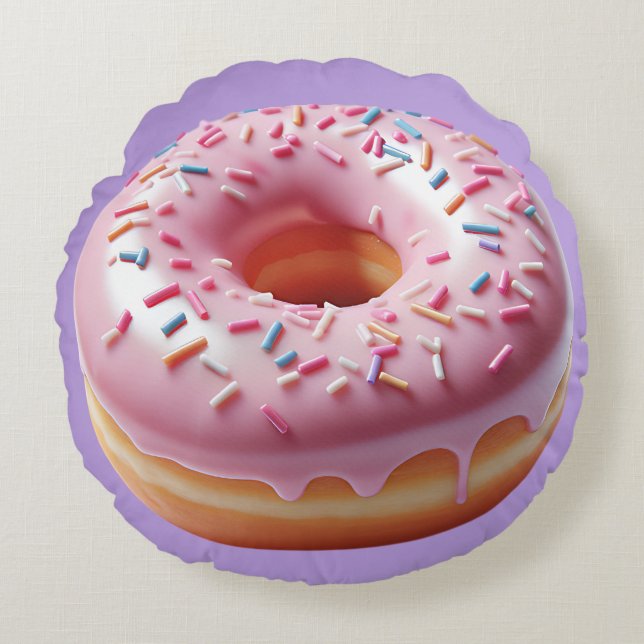 Mjuk Rosa Donut med Sprinkles Stickers Rund Kudde (Framsidan)