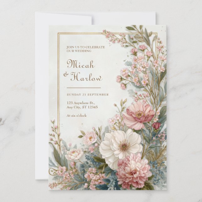 Mjuk Rosa Elfenbensfärgad Blommig Romantisk Botani Inbjudningar (Framsida)