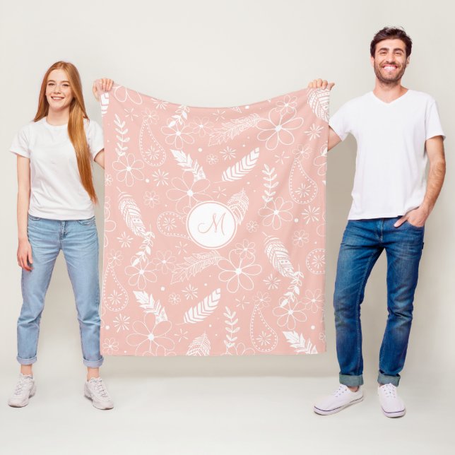 Mjuk rosa eller NY färg girly boho-fjädrar blommor Fleecefilt (På plats)