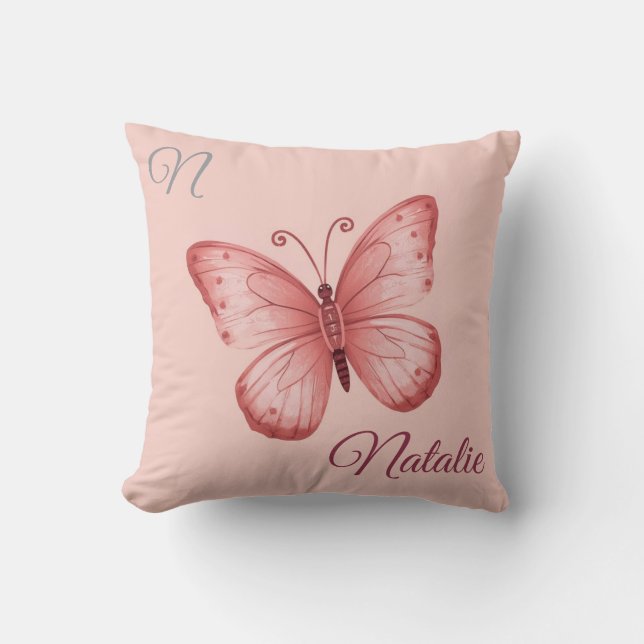 Mjuk rosa fjäril monogrammerad kudde (Framsida)