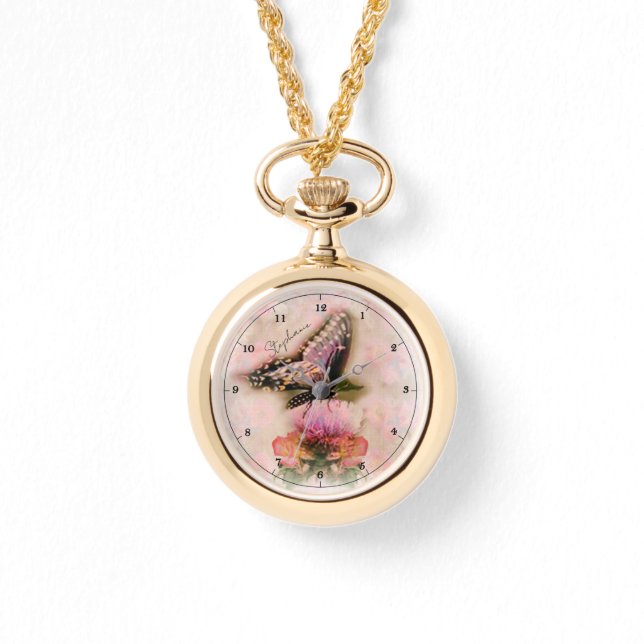 Mjuk Rosa Fjäril och Blommor Armbandsur (Framsida)