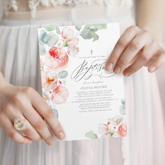 Mjuk Rosa Flowers Elegant Boho Baptism Inbjudningar (Skapare uppladdad)