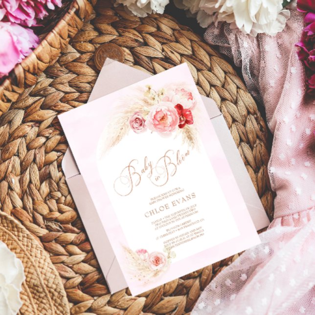 Mjuk Rosa Flowers Elegant Boho Girl Baby Shower I Inbjudningar (Skapare uppladdad)