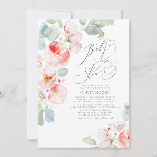 Mjuk Rosa Flowers Elegant Boho Girl Baby Shower Inbjudningar (Framsida)