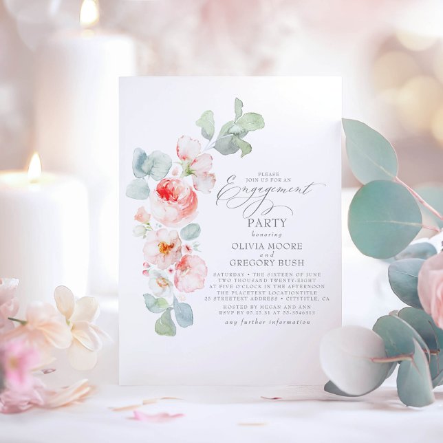 Mjuk Rosa Flowers Elegant Förlovningsfest Inbjudningar (Pink Floral Engagement Party Invitation)