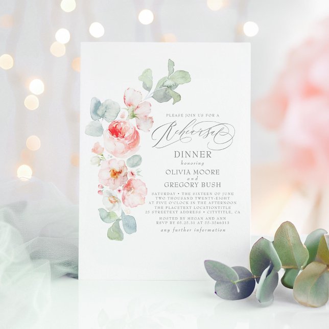 Mjuk Rosa Flowers Elegant Rehearsal Dinner Inbjudningar (Pink Floral Rehearsal Dinner Invitations)