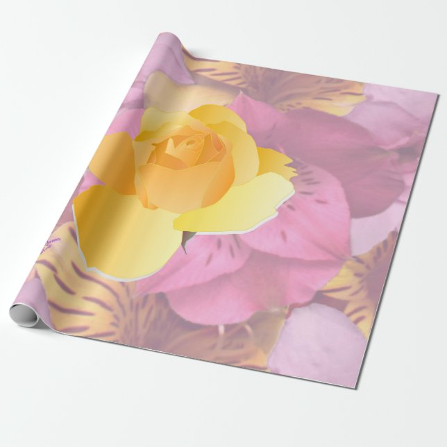Mjuk Rosa Flowers Gul ros Wrapping Papper Presentpapper (Utrullad)