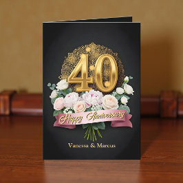 Mjuk Rosa Flowers & Guld 40:e Bröllop-årsdagen Kort