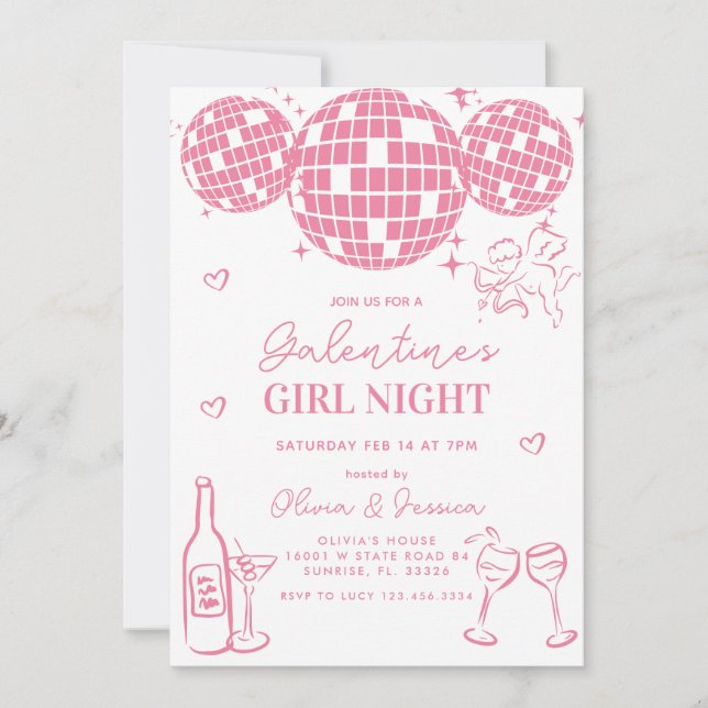 Mjuk Rosa Galentine's Girls Night Party-inbjudan Inbjudningar (Framsida)