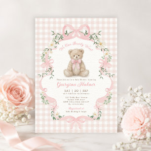 Mjuk Rosa Gingham Teddybjörn Flicka Bebis Shower Inbjudningar