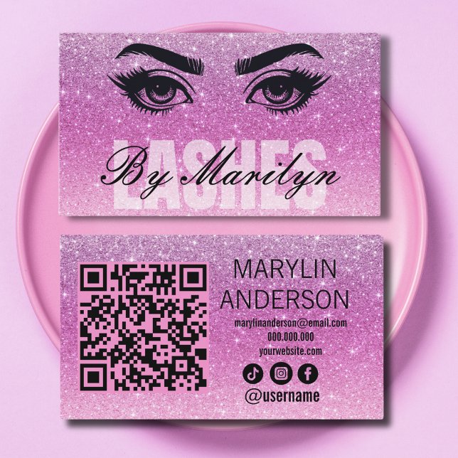 Mjuk Rosa Glitter Ombre Lash Tech med QR-kod Visitkort (Skapare uppladdad)