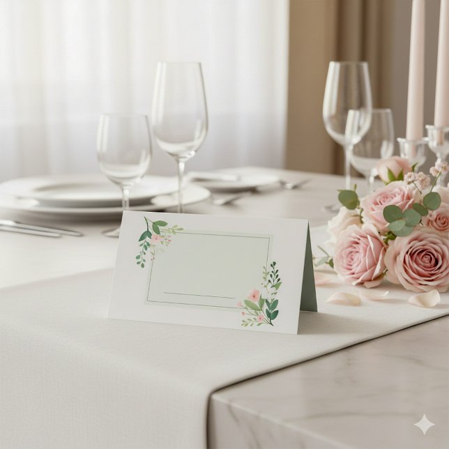 Mjuk Rosa Greenery Blommigt Namn-platskort Placeringskort (Pretty soft green flowery border wedding table name place card.)