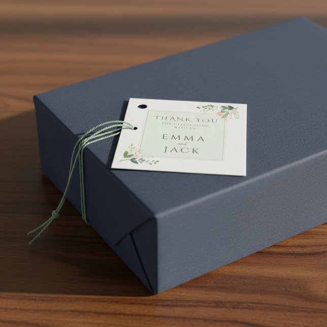 Mjuk rosa Grey namn bröllop Gåvor Etiketter (Soft pink greenery names wedding favor tags.)