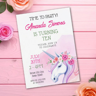 Mjuk Rosa Grön Blommig Enhörning Tjej 10-årsdag Inbjudningar