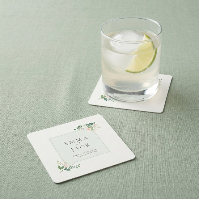 Mjuk rosa grönska namn bröllop underlägg papper kvadrat (Soft pink greenery names wedding square paper coaster)