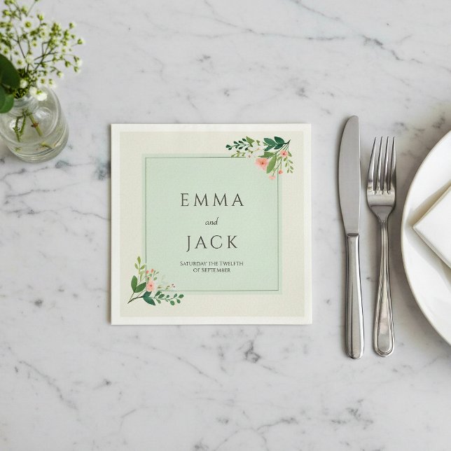 Mjuk rosa grönska namn och datum bröllop pappersservett (Botanical frame, green wedding napkin with bride and groom names.)