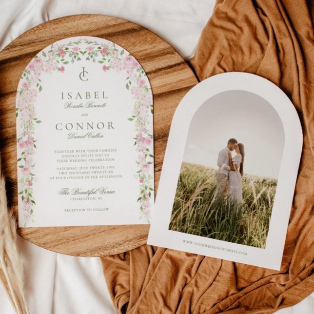 Mjuk Rosa Grönt Blommigt Arch Bröllop Inbjudningar (Skapare uppladdad)