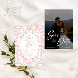 Mjuk Rosa Guld Glitter Blommig Spets Bröllopsfoto Spara Datumet