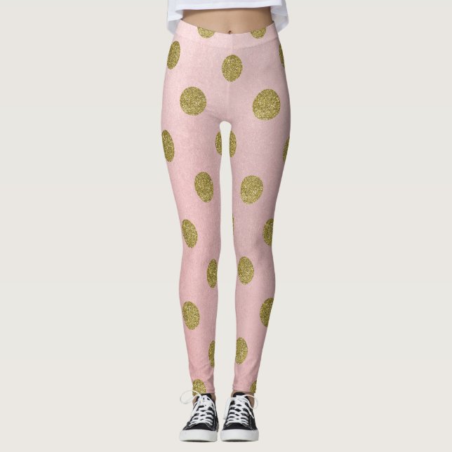 Mjuk Rosa Guld Glitter Glam Prickar Söt Leggings (Framsida)